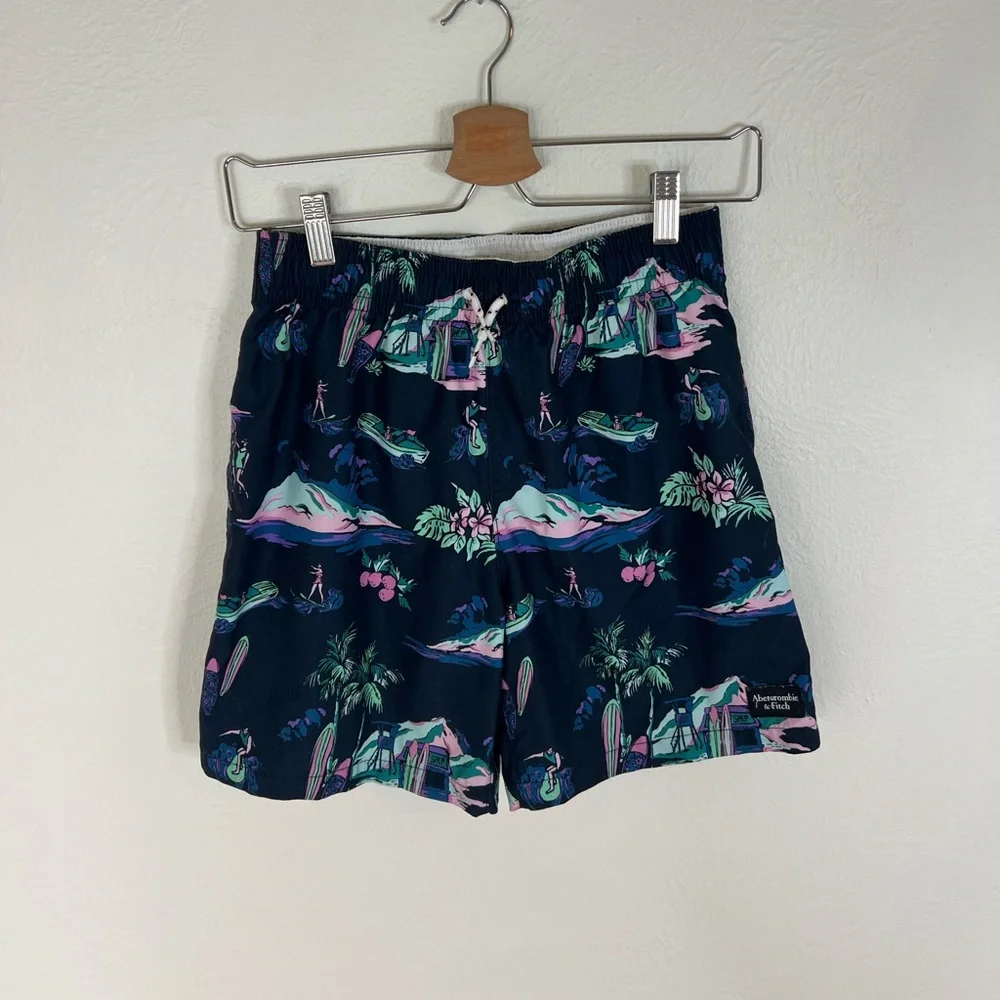 Abercrombie Kids Swim Trunks Navy Tropical Print Elastic Waist Lined Size 11/12